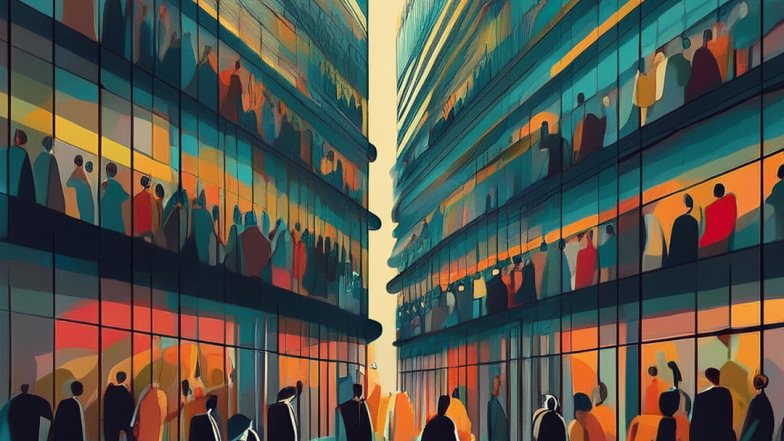 Auf dem Bild ist auf jeder Seite ein großes Glasgebäude zusehen, in dem Schemenhaft Personen zu sehen sind. 
Die Personen sind durch die Fenster des Gebäudes zu sehen und stehen auf der Straße. Das 
Bild ist in Comic-Design gest
