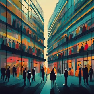 Auf dem Bild ist auf jeder Seite ein großes Glasgebäude zusehen, in dem Schemenhaft Personen zu sehen sind. 
Die Personen sind durch die Fenster des Gebäudes zu sehen und stehen auf der Straße. Das 
Bild ist in Comic-Design gest