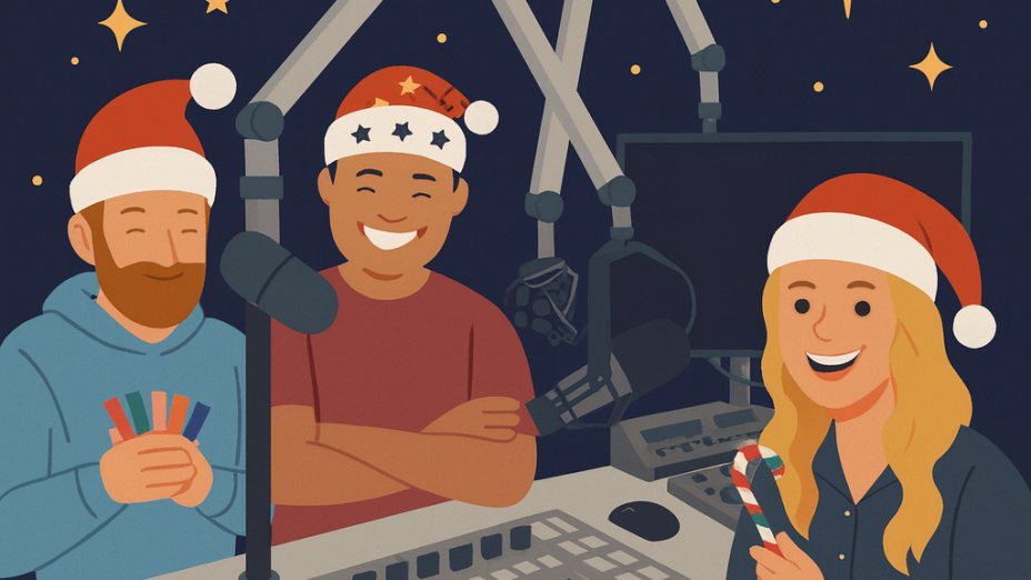 Das Bild zeigt eine weihnachtliche Szene in einem Radiostudio, in dem drei Moderator:innen in einer fr&ouml;hlichen und festlichen Atmosph&auml;re zu sehen sind. Die Illustration ist in modernem Grafikstil gehalten. 